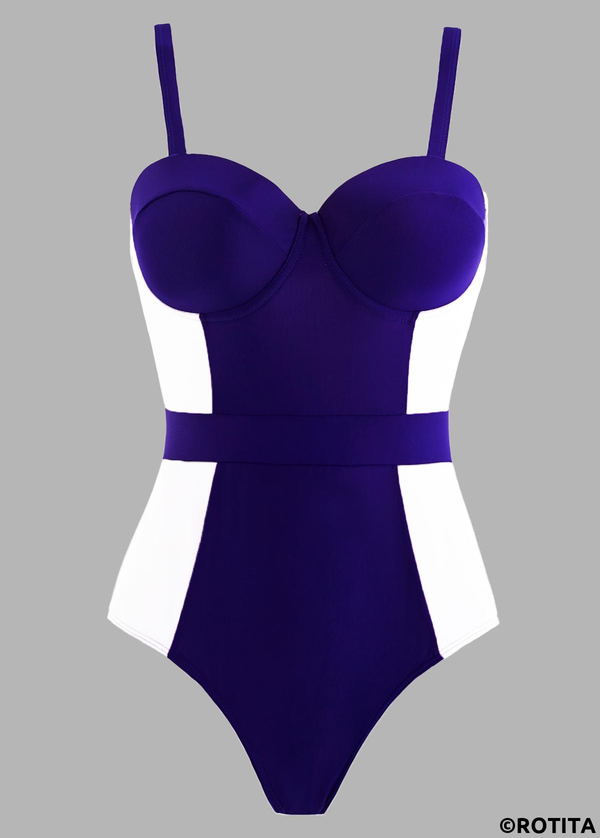 Contrast Color swimwear,ROTITA Color Block Spaghetti Strap One Piece Swimwear