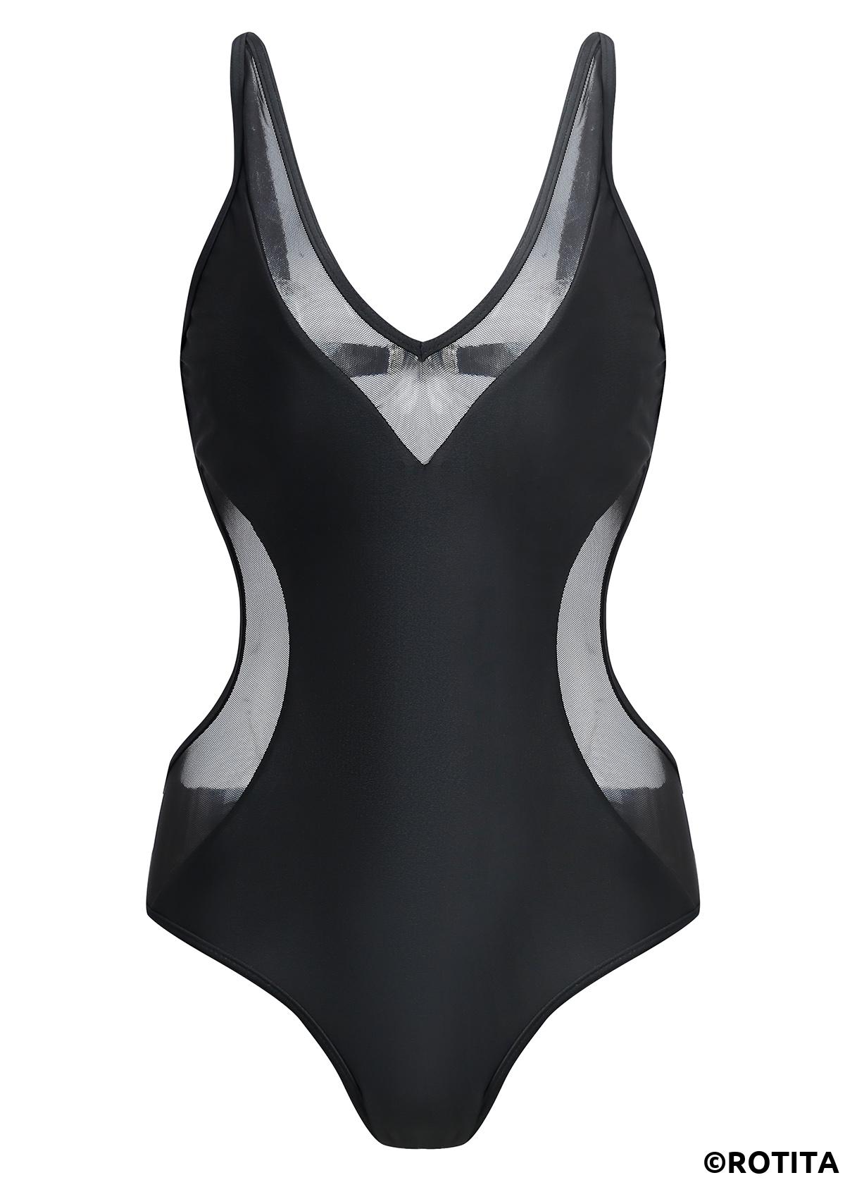 Mesh Stitching Black One Piece Swimwear