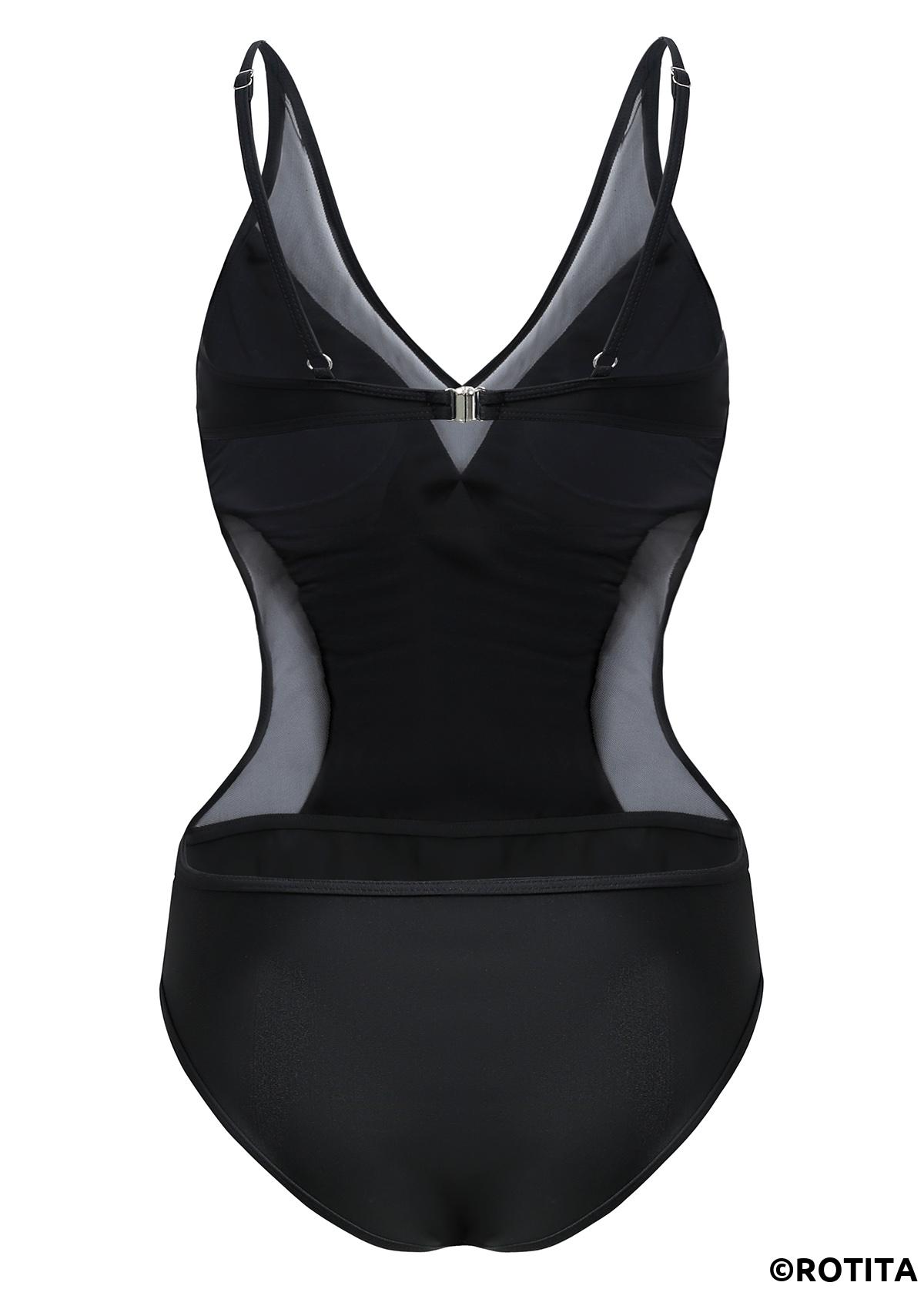 Mesh Stitching Black One Piece Swimwear