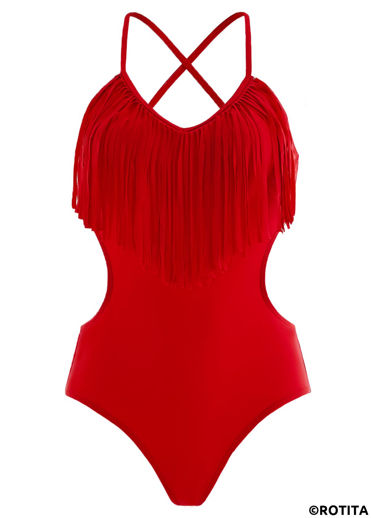 Red swimwear,Plain Color swimwear,ROTITA Tassel Red Spaghetti Strap One Piece Swimwear