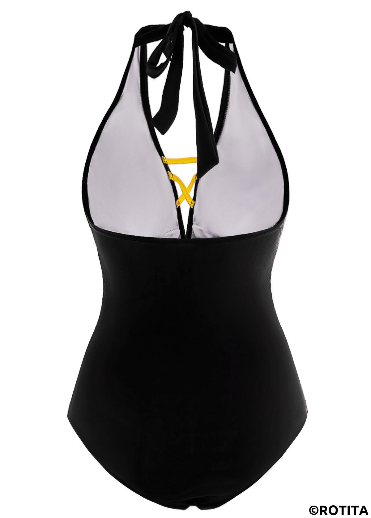 Black swimwear,Contrast Color swimwear,ROTITA Contrast Black Cross Strap One Piece Swimwear