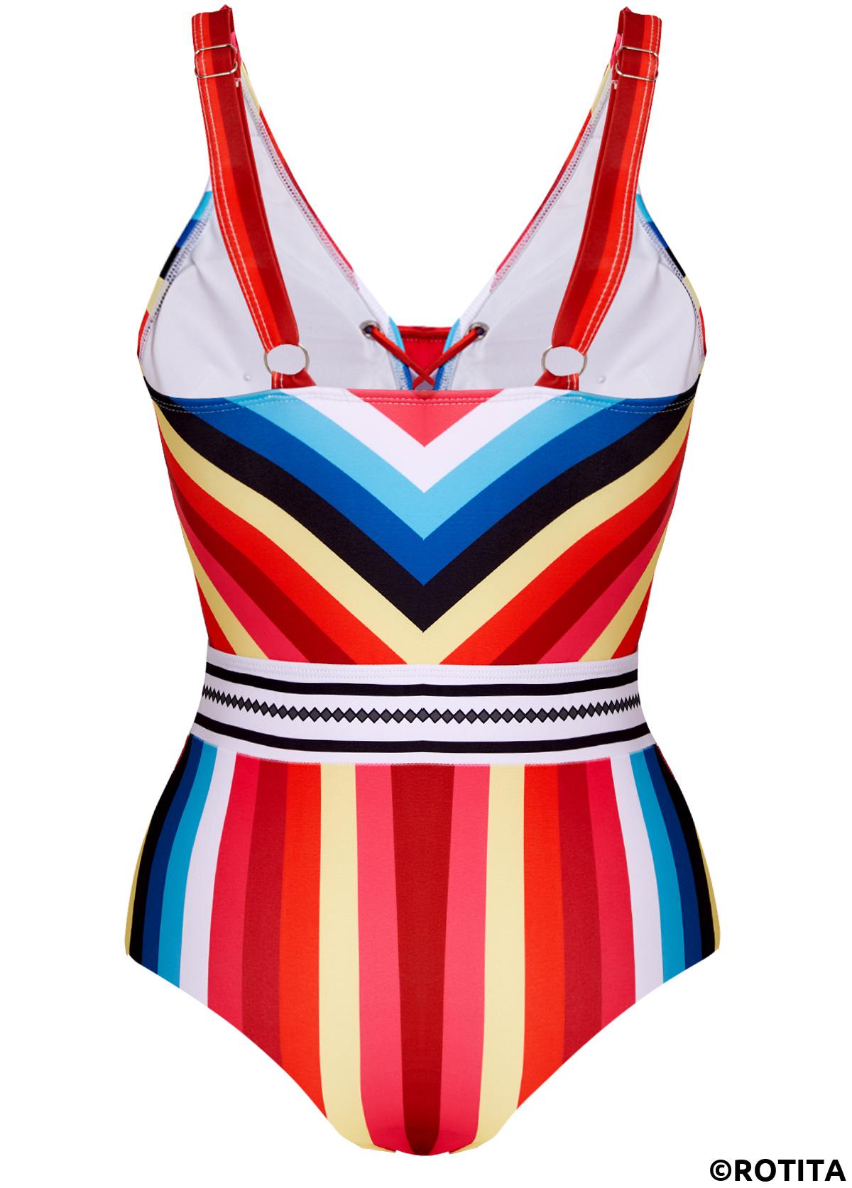Multi Color swimwear,Rainbow Color swimwear,Striped swimwear,ROTITA Wide Strap Lace Up Striped One Piece Swimwear