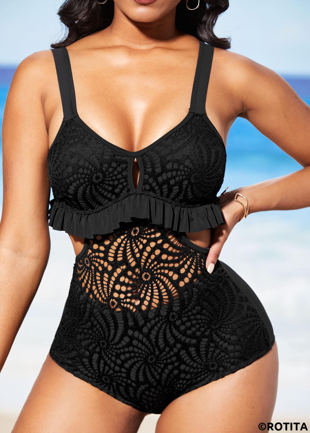 Black swimwear,Plain Color swimwear,ROTITA Black Lace Patchwork Flounce Pierced One Piece Swimwear
