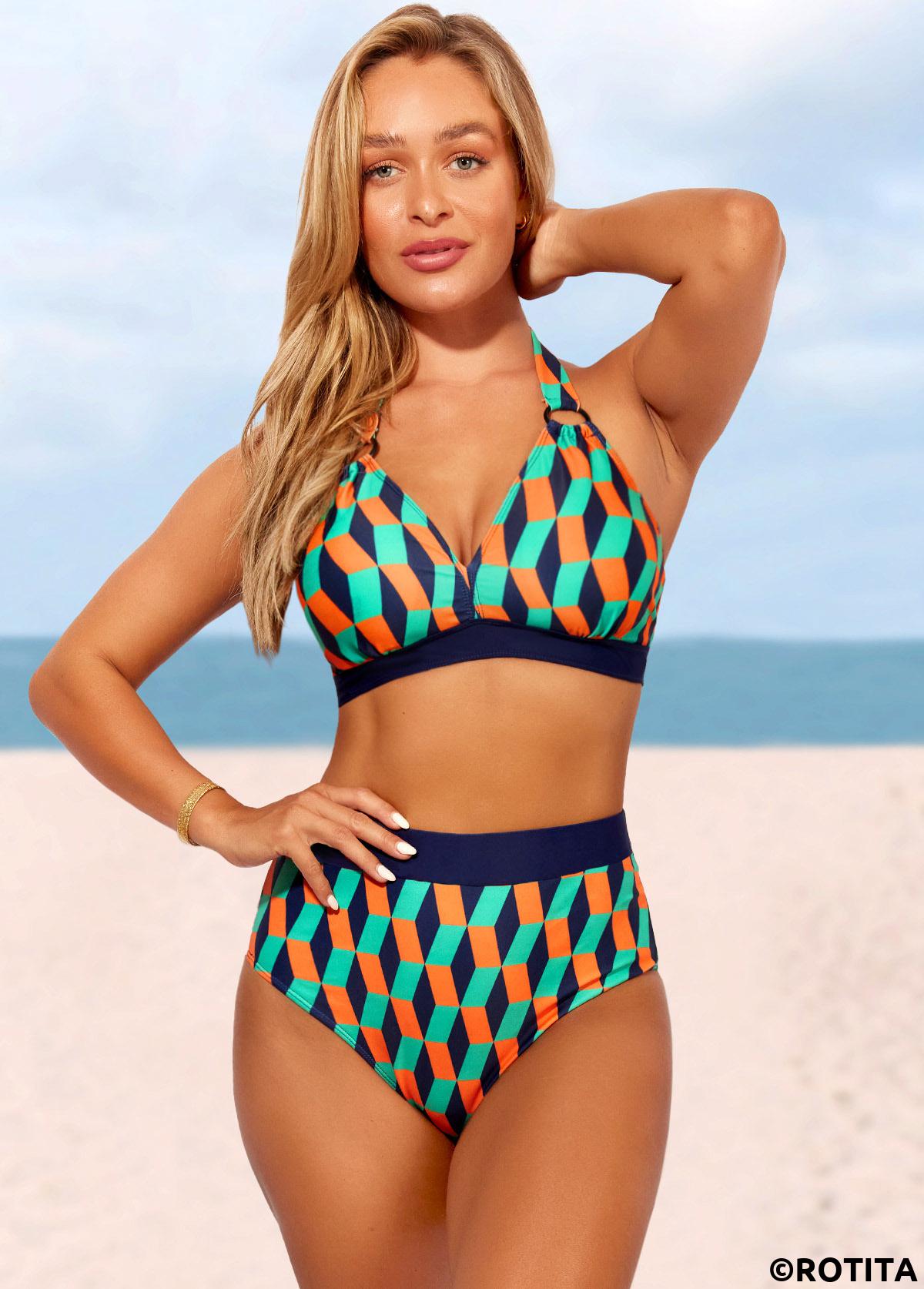 ROTITA Ensemble de bikini taille haute à imprimé géométrique et blocs de couleurs