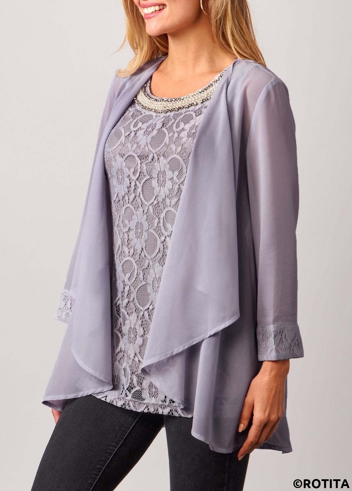 Light Grey tops,Plain Color tops,ROTITA Lace Patchwork Cardigan and Grey Round Neck Tank Top