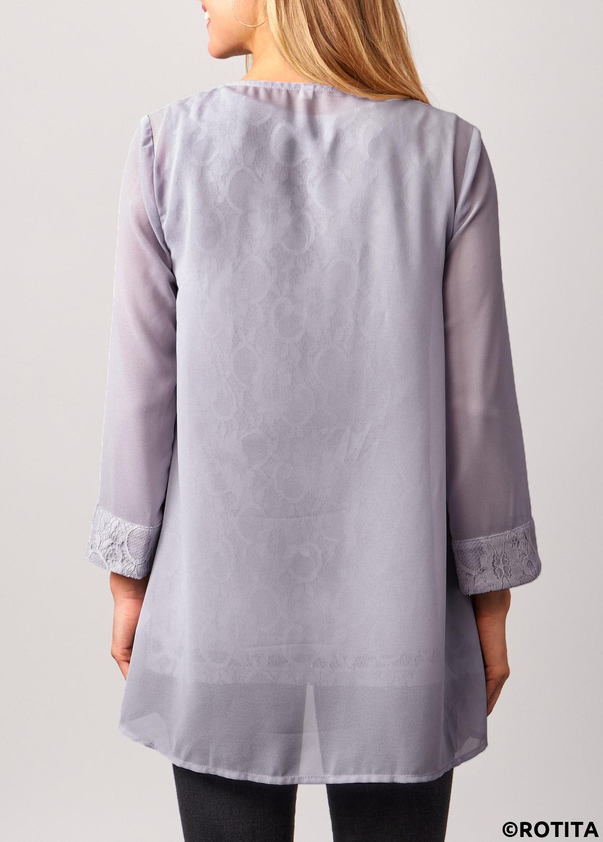 Light Grey tops,Plain Color tops,ROTITA Lace Patchwork Cardigan and Grey Round Neck Tank Top