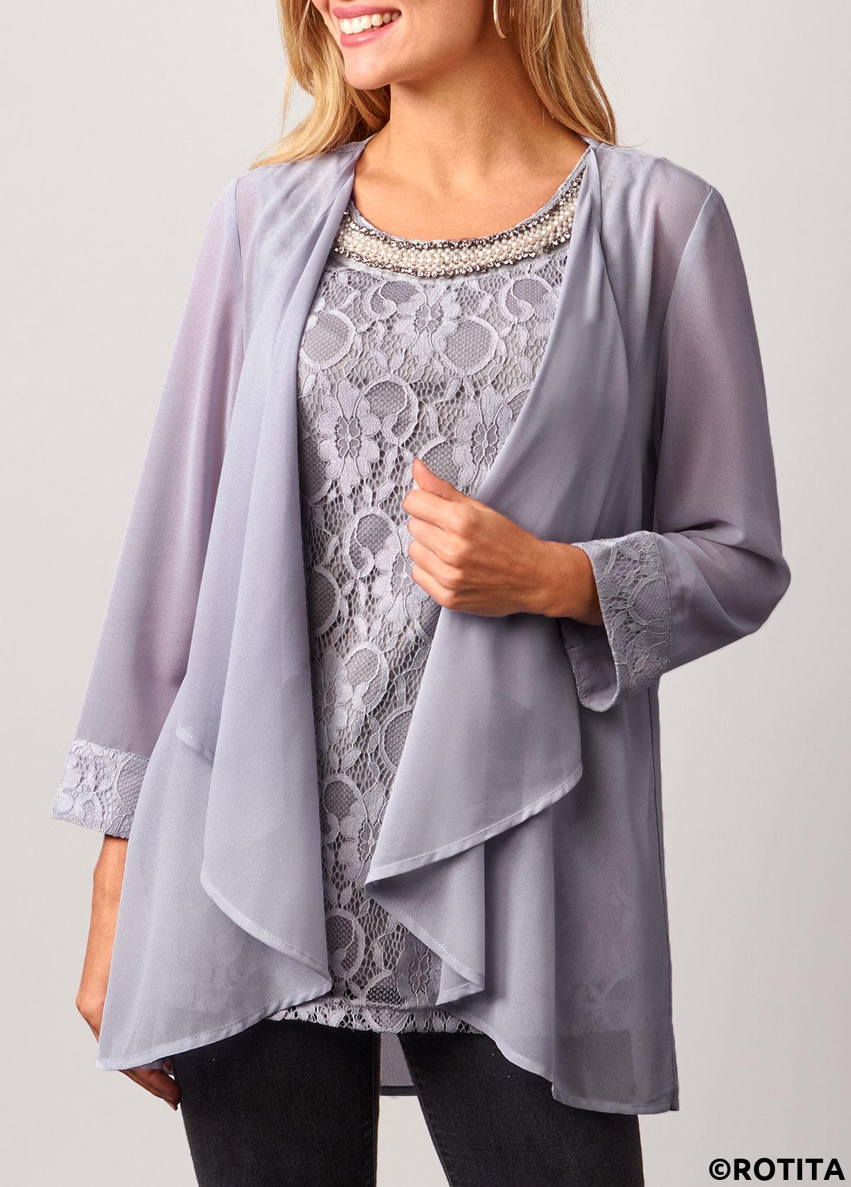 Light Grey tops,Plain Color tops,ROTITA Lace Patchwork Cardigan and Grey Round Neck Tank Top