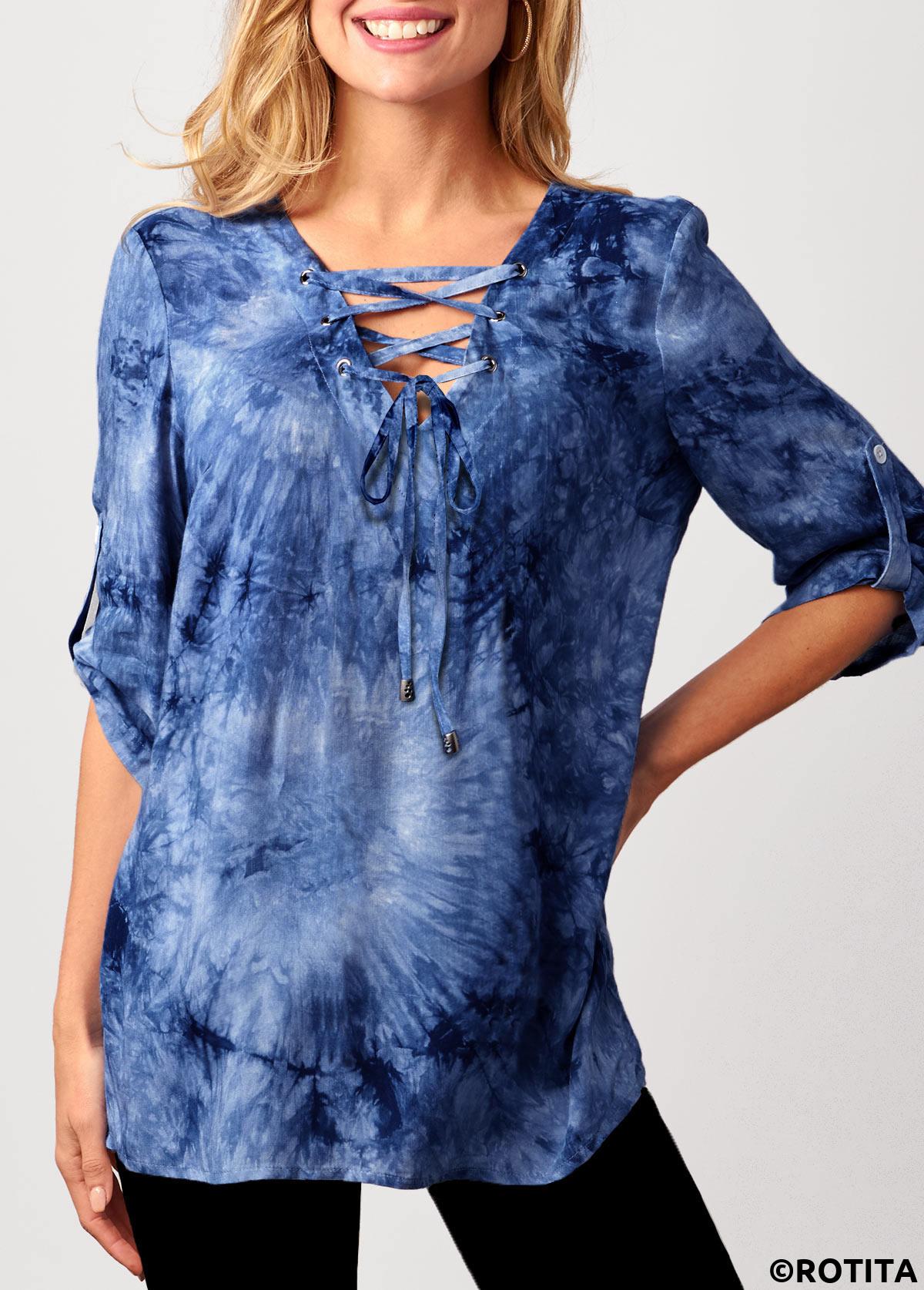 Blue tops,Tie Dye tops,ROTITA Tie Dye Blue Lace Up Blouse