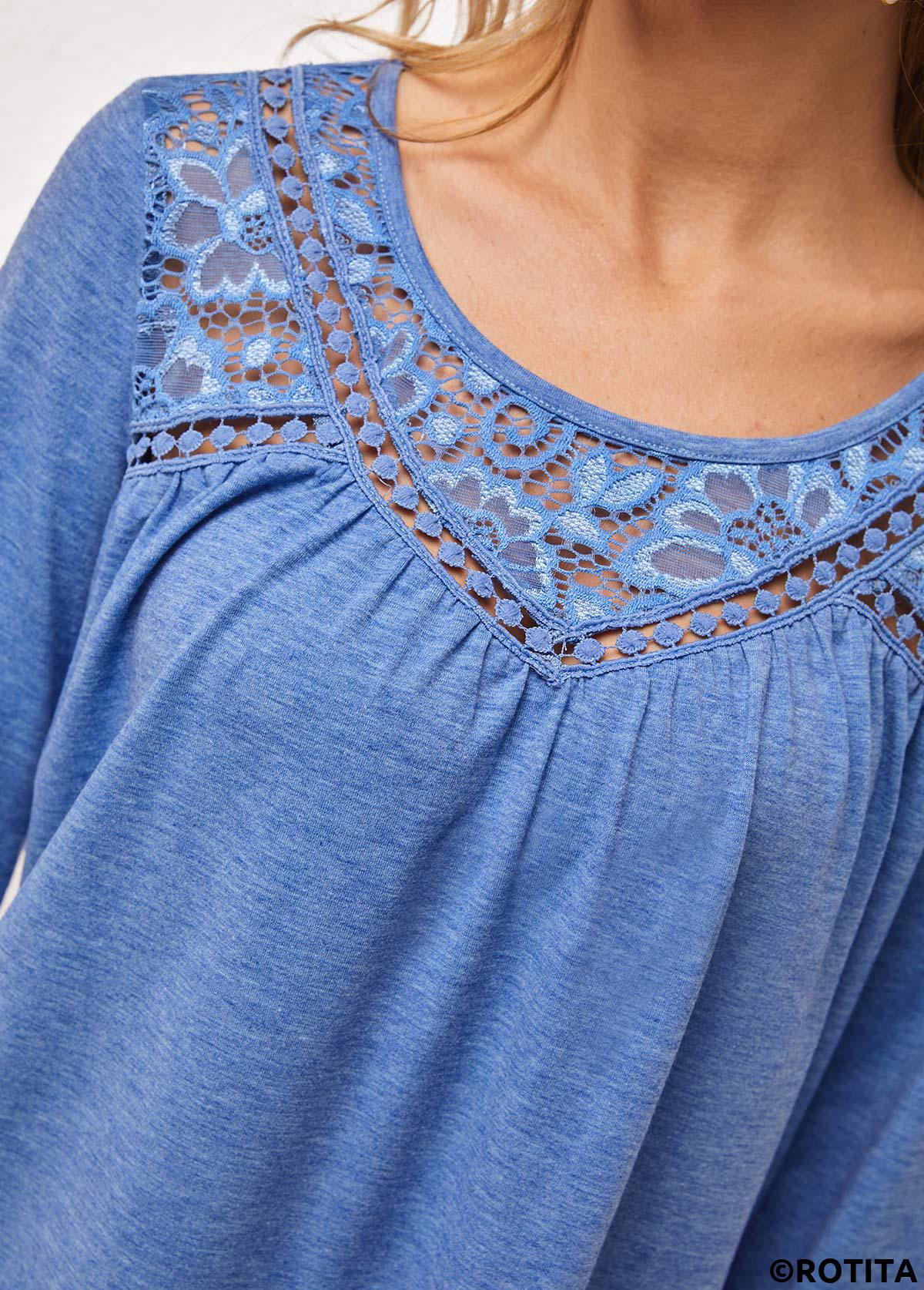 Blue tops,Plain Color tops,ROTITA Blue Lace Stitching Round Neck T Shirt