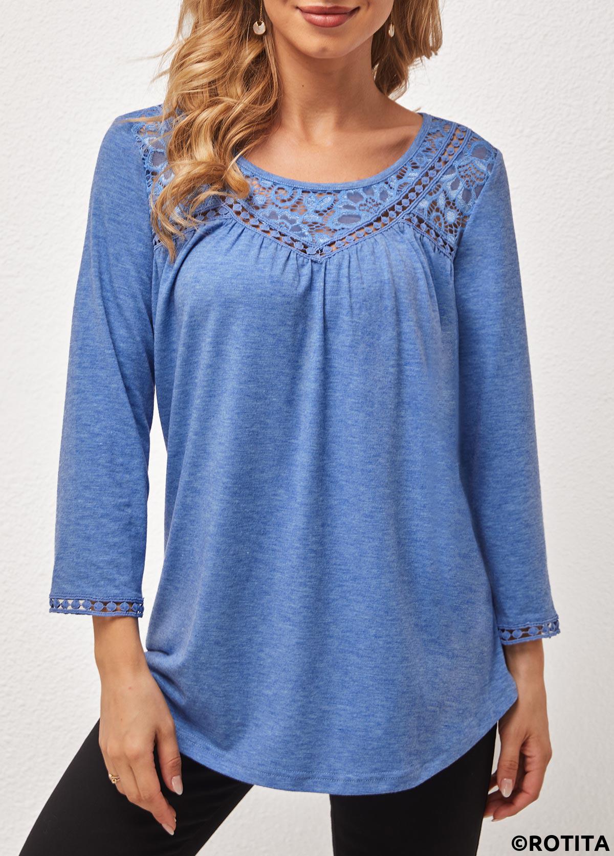 Blue tops,Plain Color tops,ROTITA Blue Lace Stitching Round Neck T Shirt