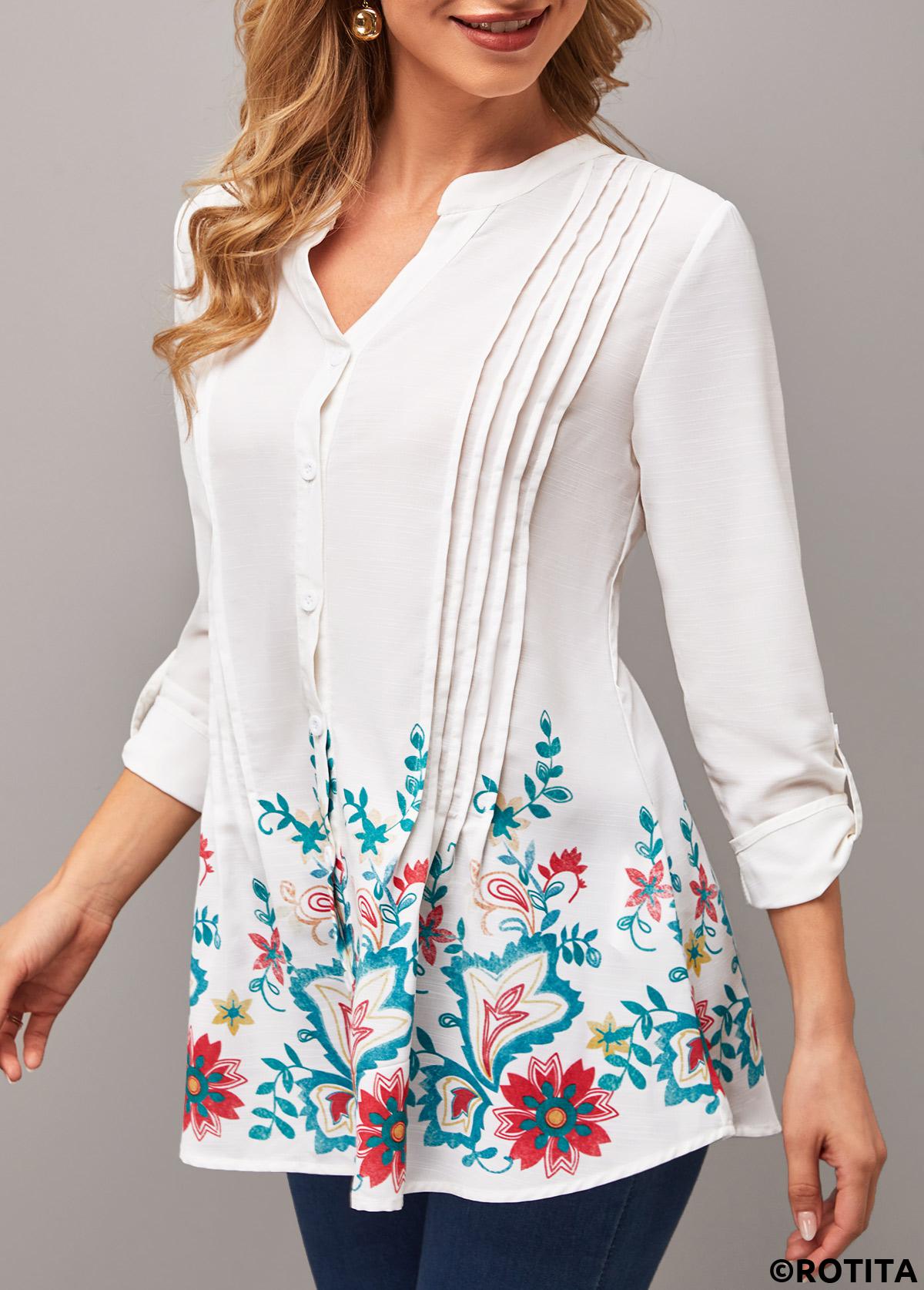 White tops,Floral tops,ROTITA Split Neck Floral Print Roll Tab Sleeve Blouse
