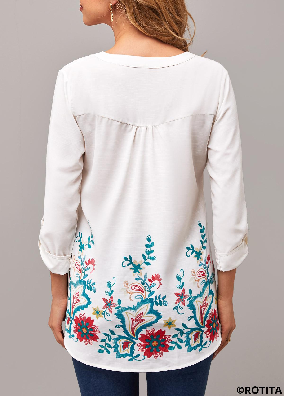 White tops,Floral tops,ROTITA Split Neck Floral Print Roll Tab Sleeve Blouse