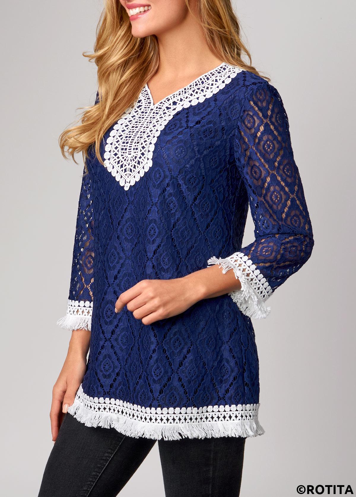 Navy tops,Contrast Color tops,ROTITA Tassel Lace Navy Blue 3/4 Sleeve T Shirt