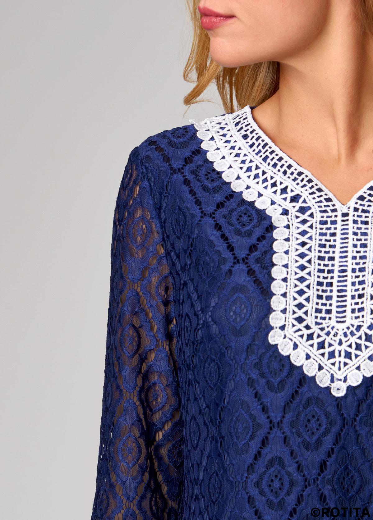 Navy tops,Contrast Color tops,ROTITA Tassel Lace Navy Blue 3/4 Sleeve T Shirt