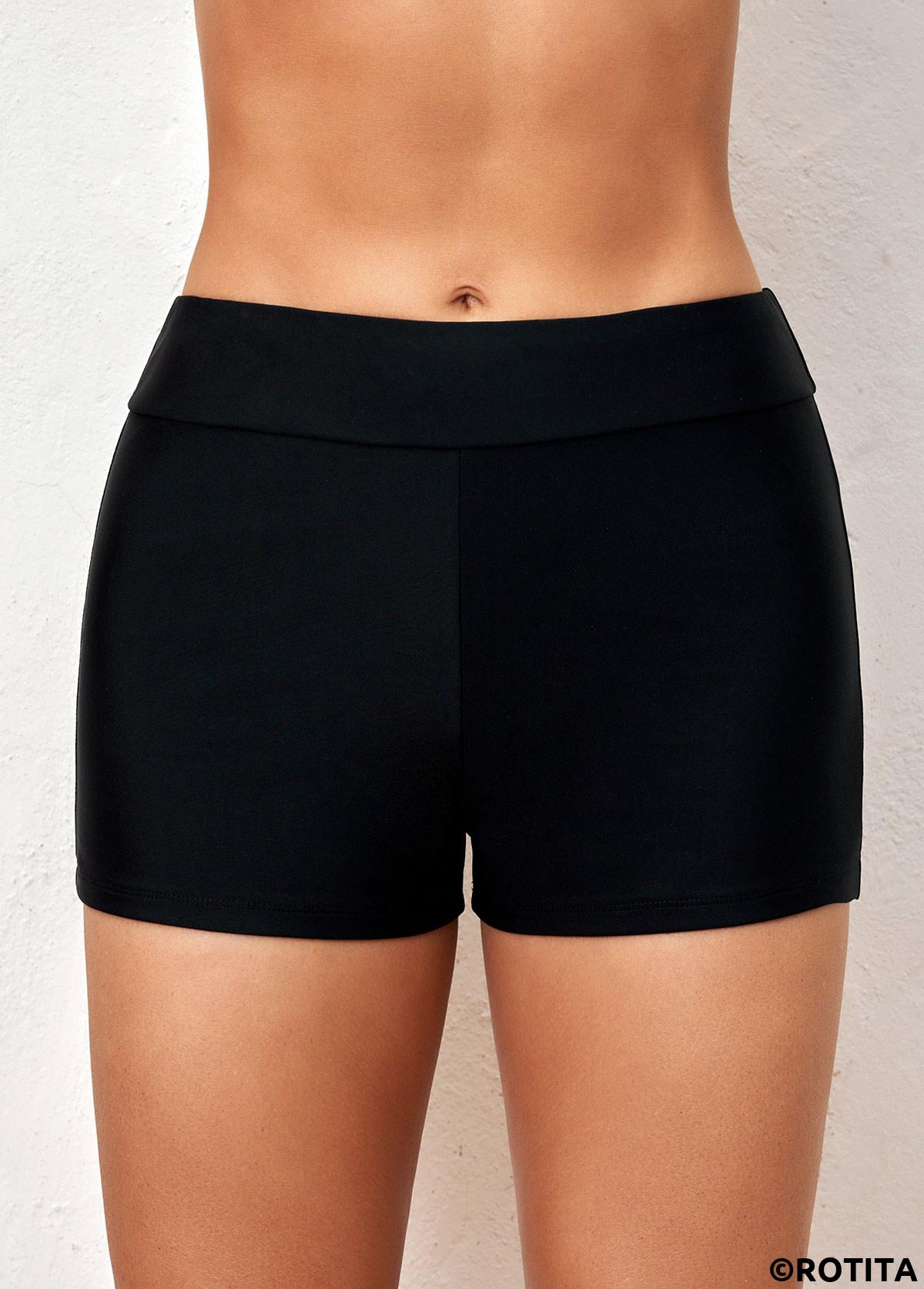 Black swimwear,Plain Color swimwear,ROTITA Black Skinny Mid Waisted Swimwear Shorts