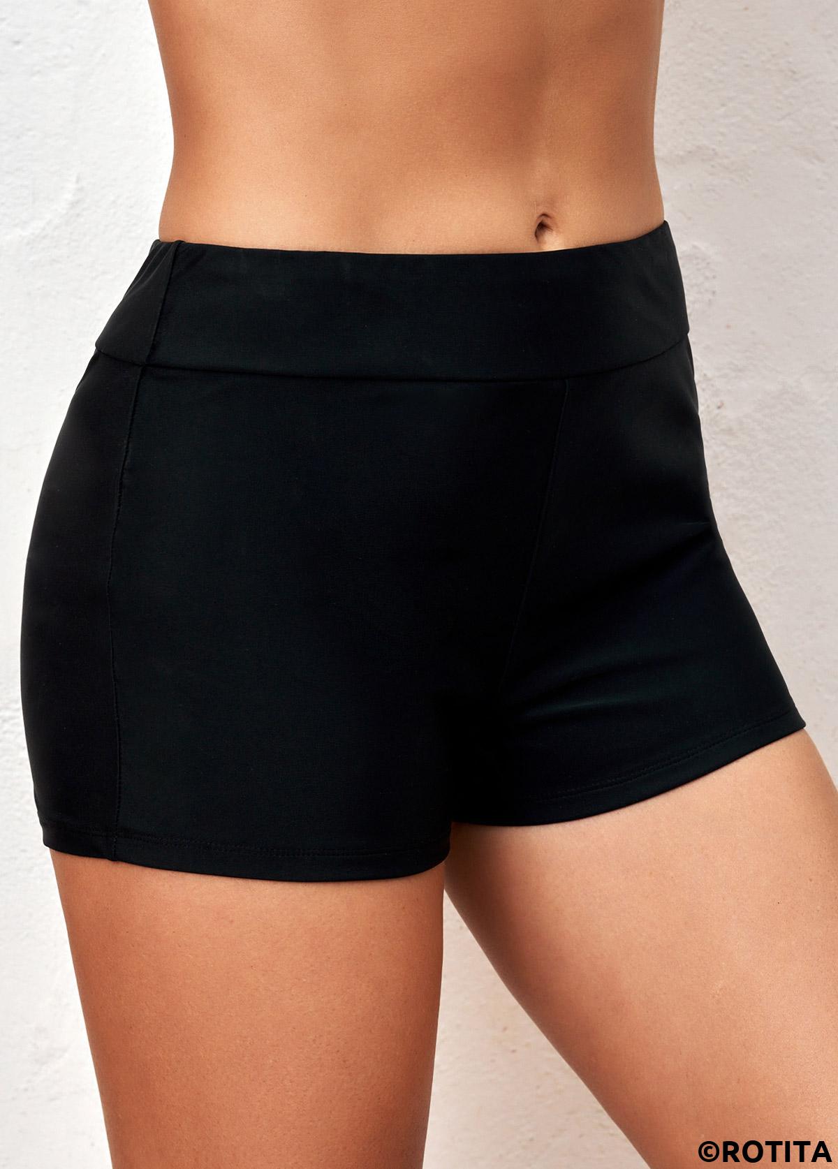 Black swimwear,Plain Color swimwear,ROTITA Black Skinny Mid Waisted Swimwear Shorts