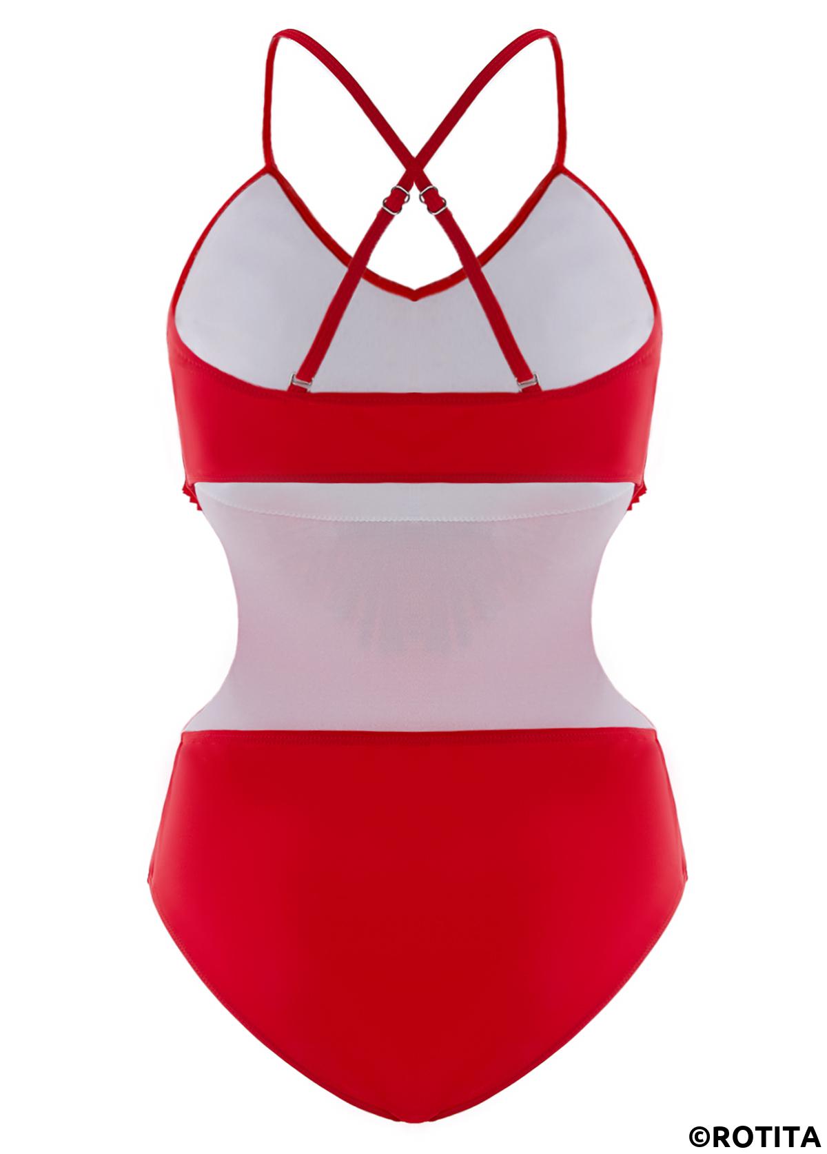 Red swimwear,Plain Color swimwear,ROTITA Tassel Red Spaghetti Strap One Piece Swimwear