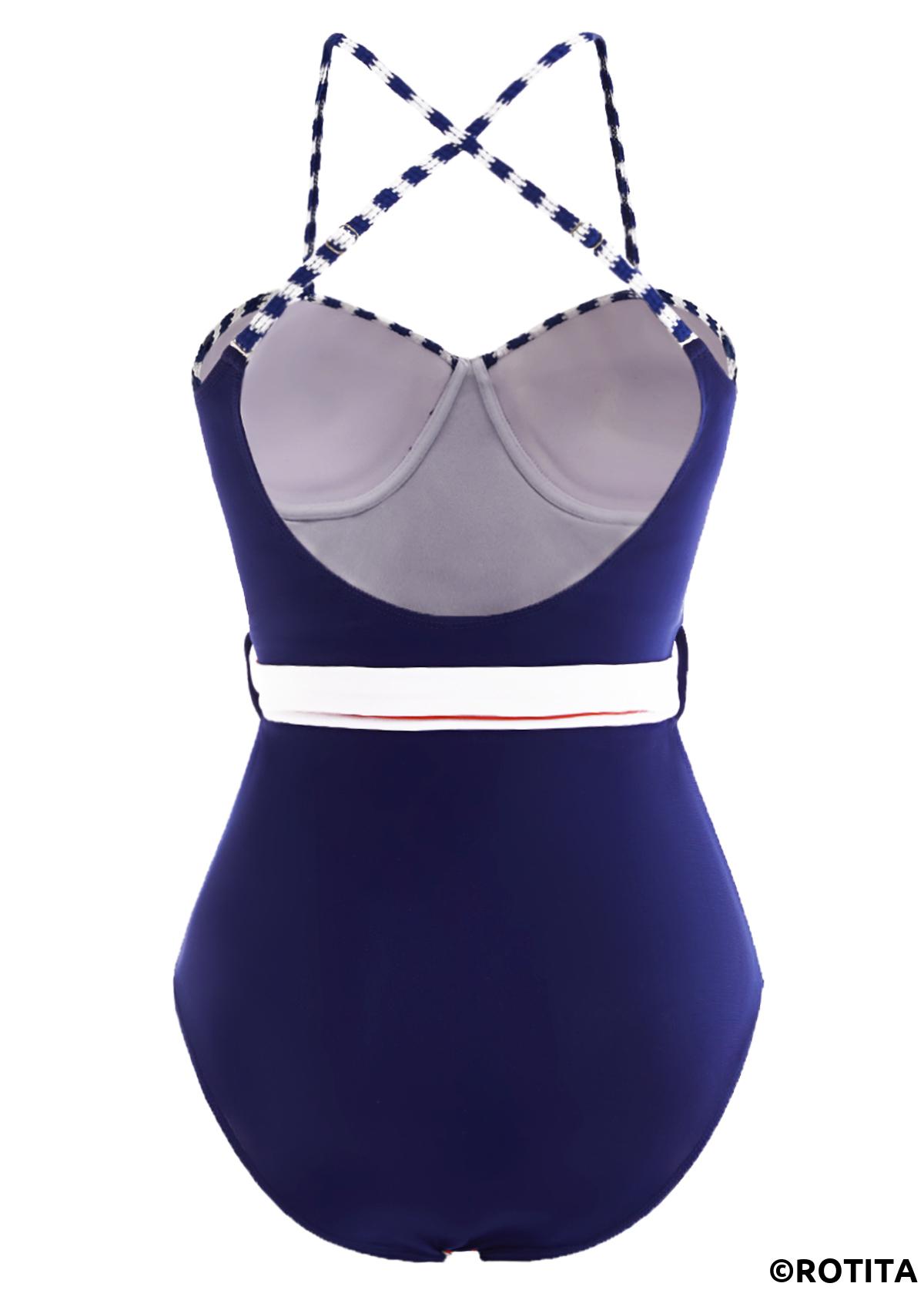 Striped swimwear,ROTITA Decorative Belt Striped Navy Blue One Piece Swimwear