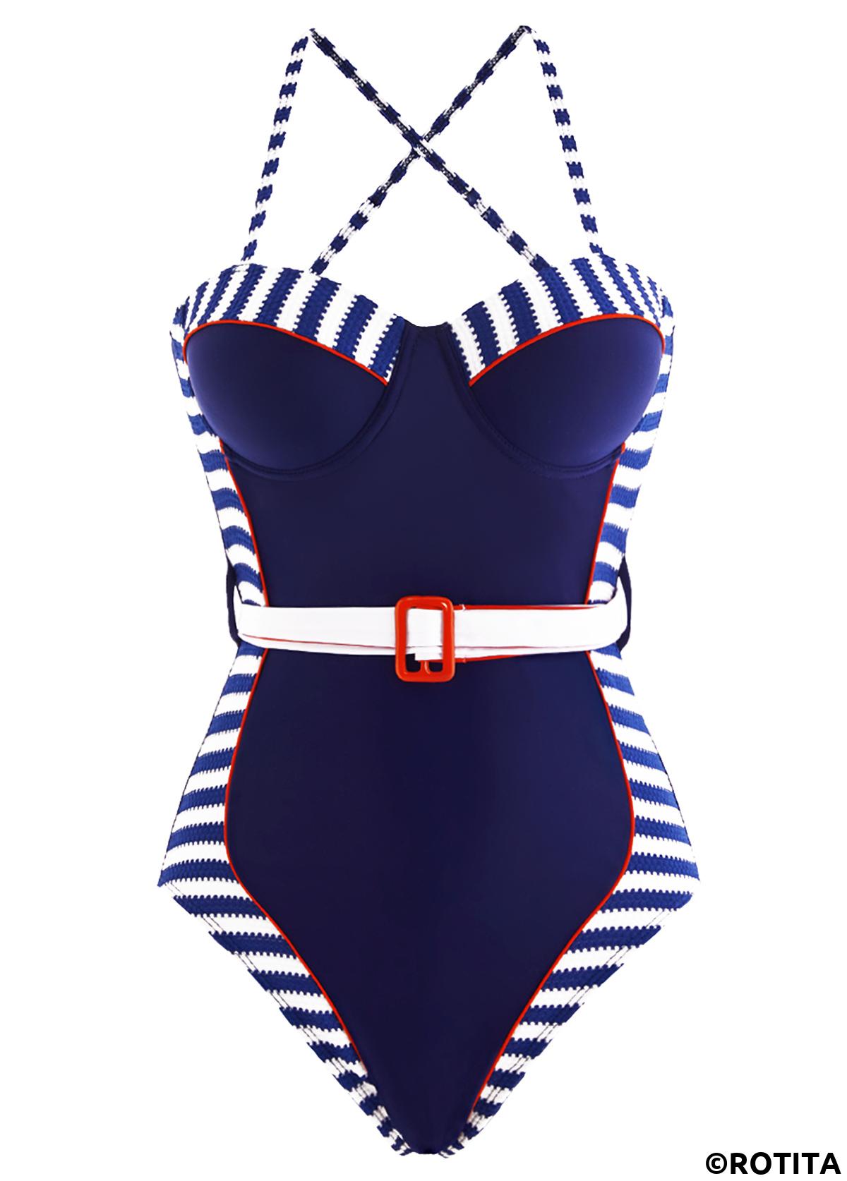 Striped swimwear,ROTITA Decorative Belt Striped Navy Blue One Piece Swimwear