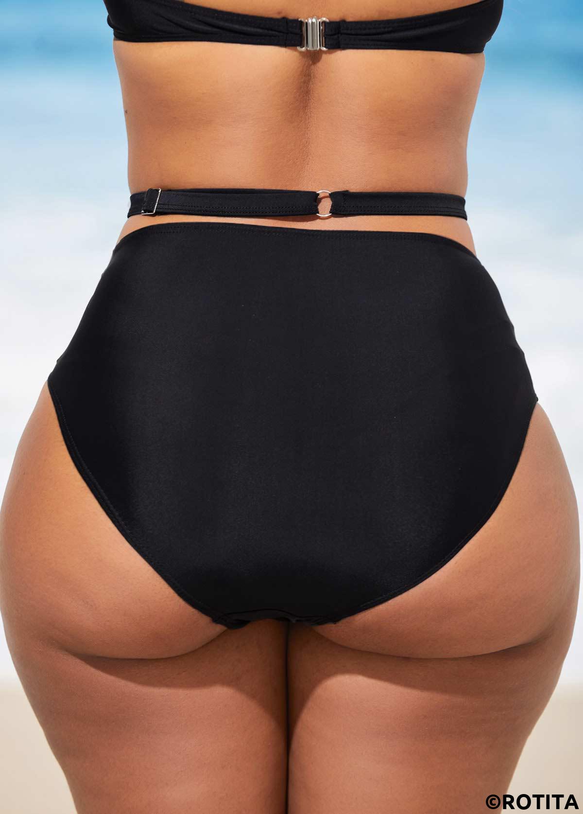 Rotita schwarzes Neckholder-Bikiniset mit Metallringdetail und hoher Taille