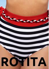 Striped swimwear,ROTITA Stripe Print Color Block High Waisted Bikini Set