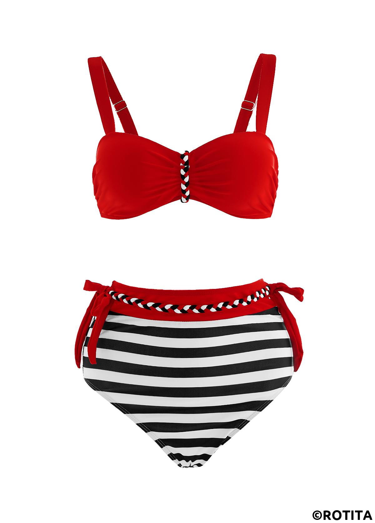 Striped swimwear,ROTITA Stripe Print Color Block High Waisted Bikini Set