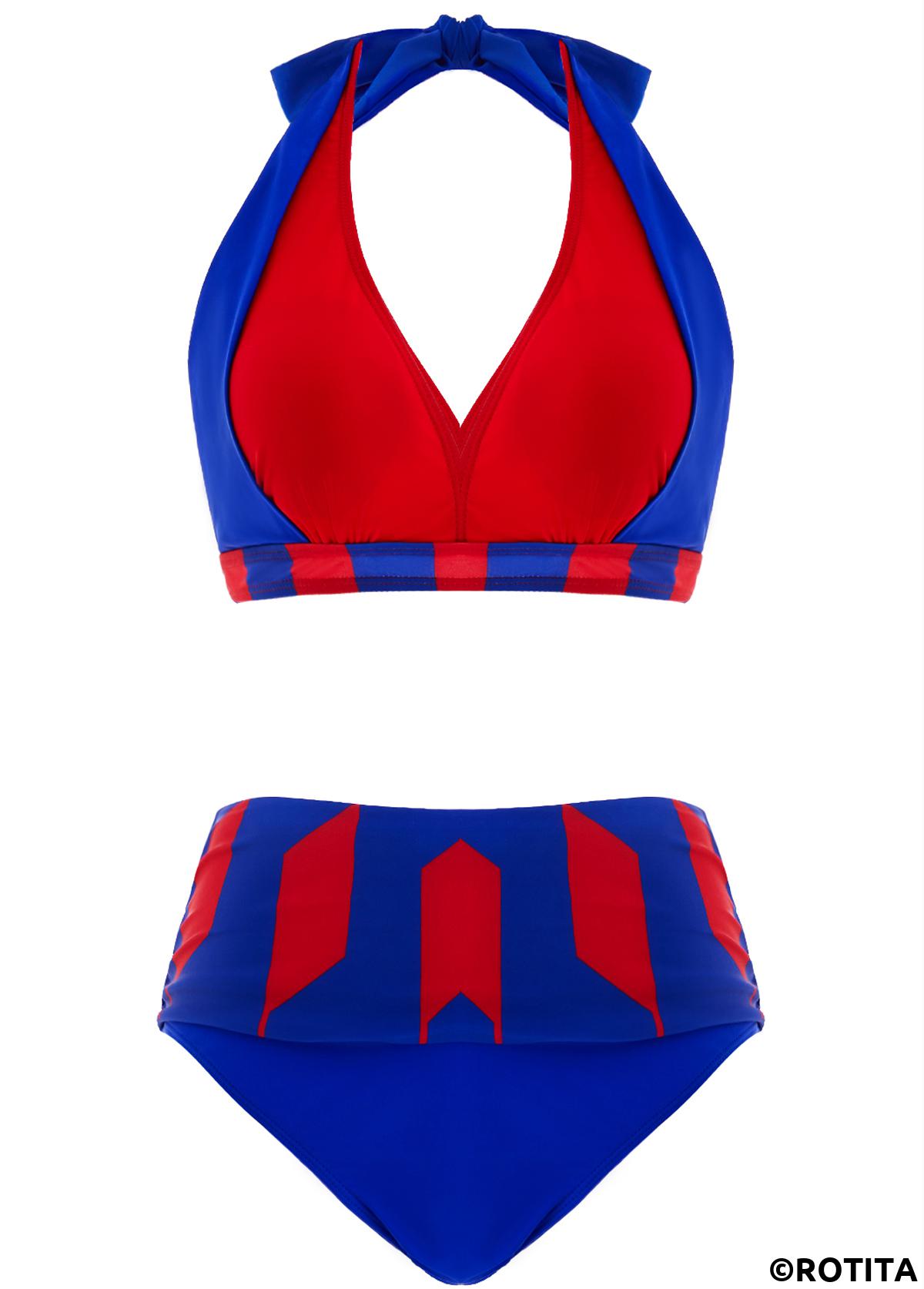 Royal Blue swimwear,Geometric swimwear,ROTITA Royal Blue Geometric Print High Waisted Bikini Set