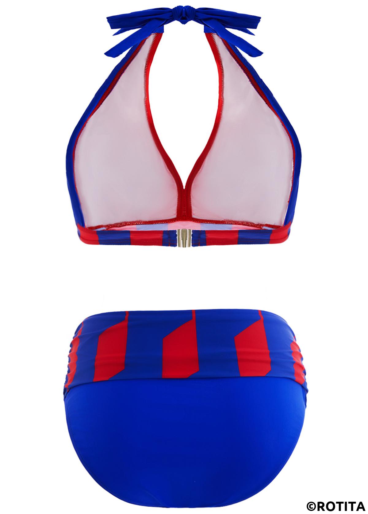 Royal Blue swimwear,Geometric swimwear,ROTITA Royal Blue Geometric Print High Waisted Bikini Set