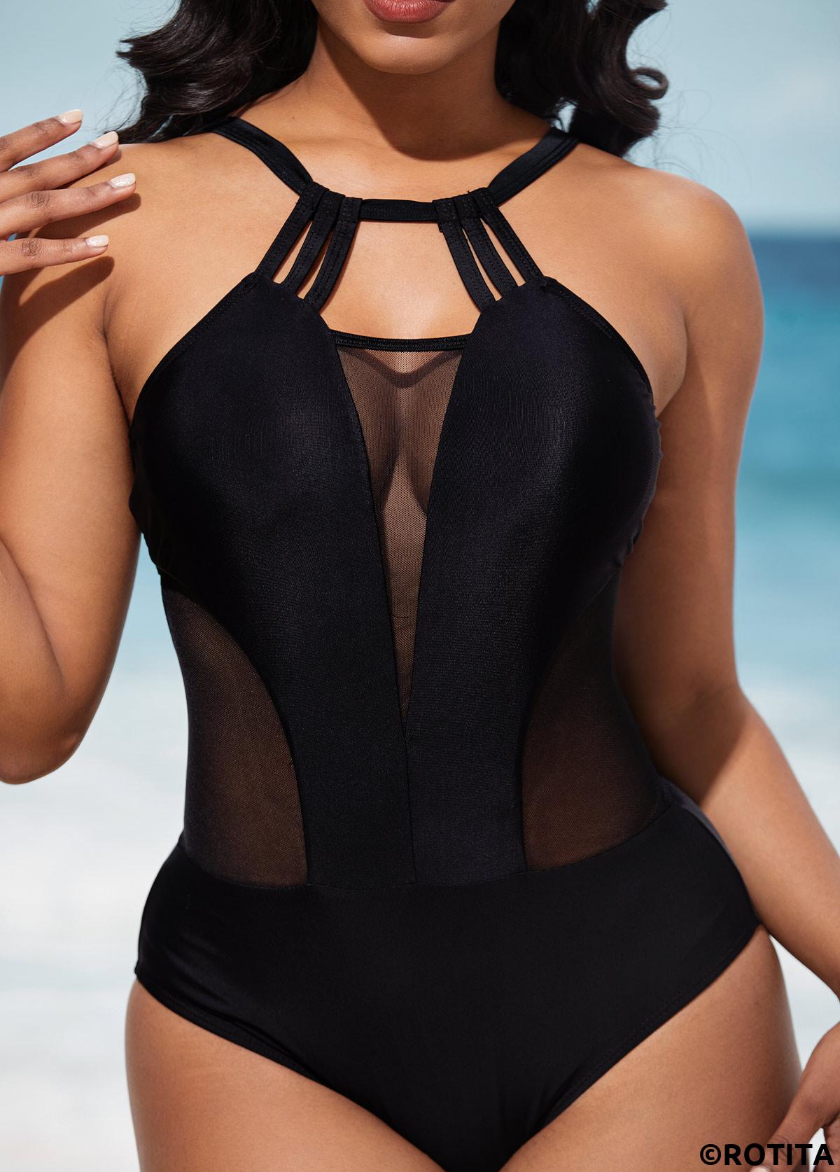 Black swimwear,Plain Color swimwear,ROTITA Black Mesh Stitching Tie Back One Piece Swimwear