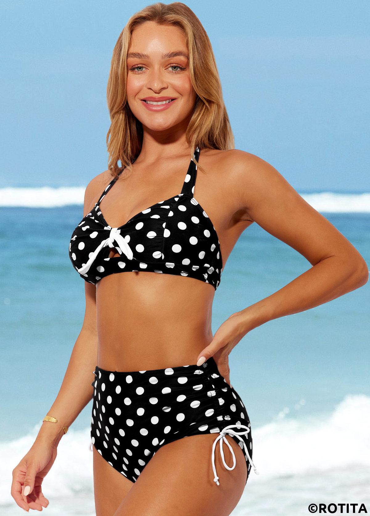 Black swimwear,Dot swimwear,ROTITA Polka Dot Halter High Waisted Black Bikini Set
