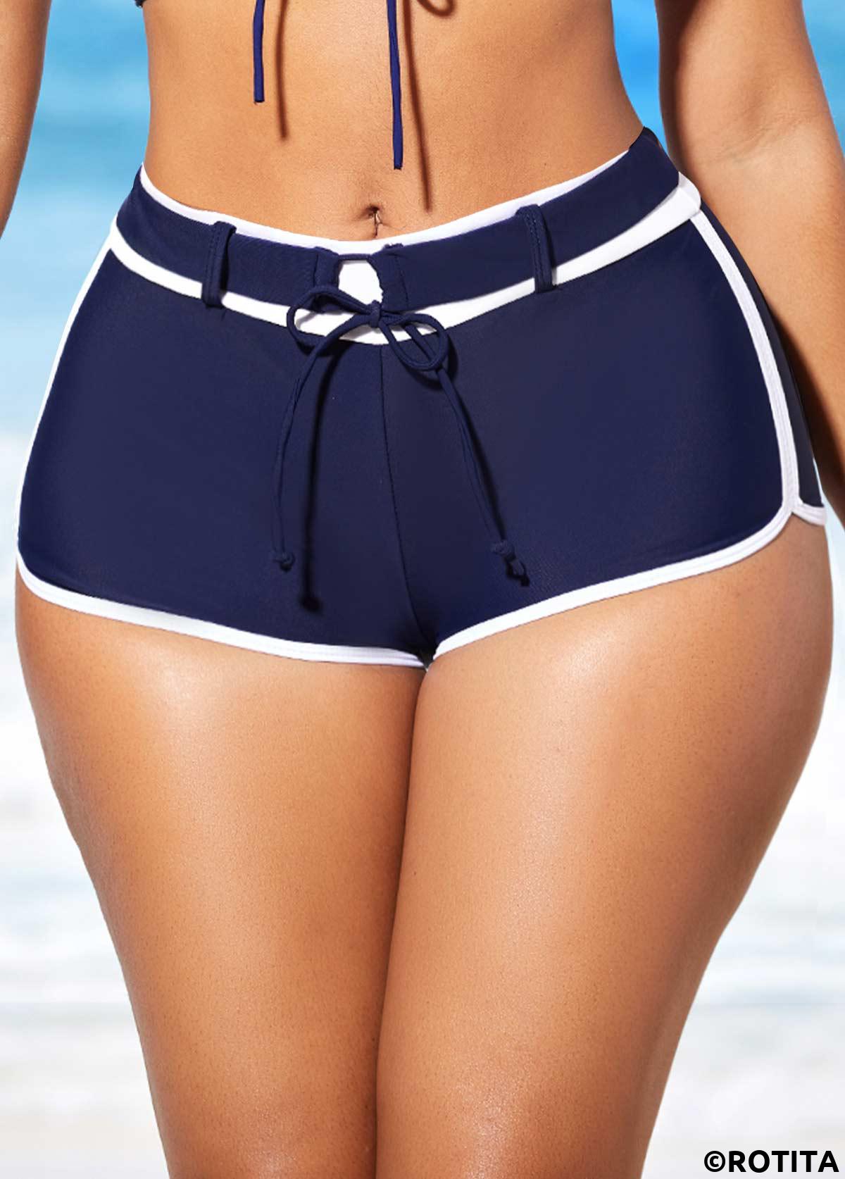 Contrast Color swimwear,ROTITA Navy Blue Drawstring Front Mid Waist Bikini Set