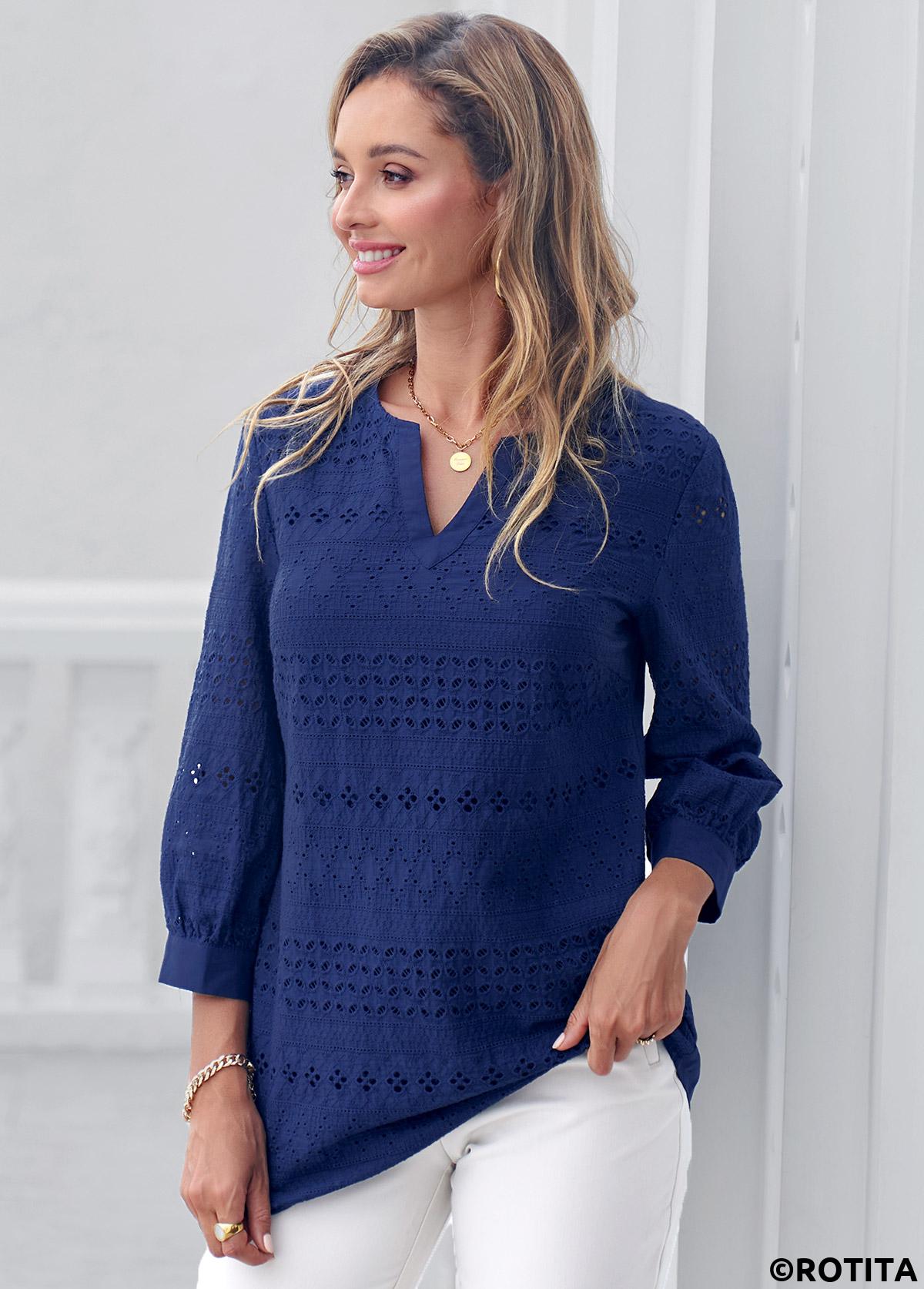 Navy tops,Plain Color tops,ROTITA Navy Blue Embroidered Split Neck Blouse