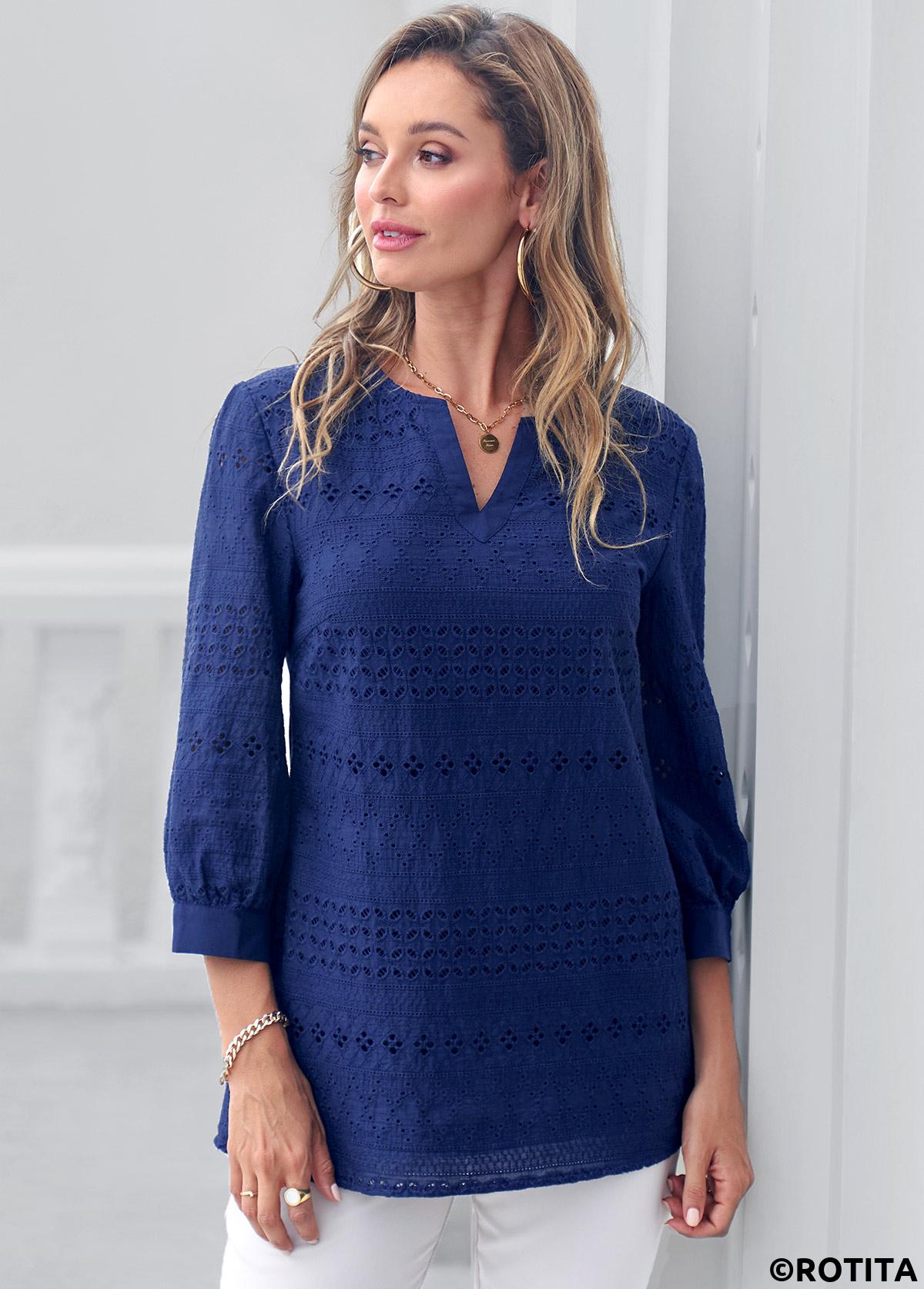 Navy tops,Plain Color tops,ROTITA Navy Blue Embroidered Split Neck Blouse