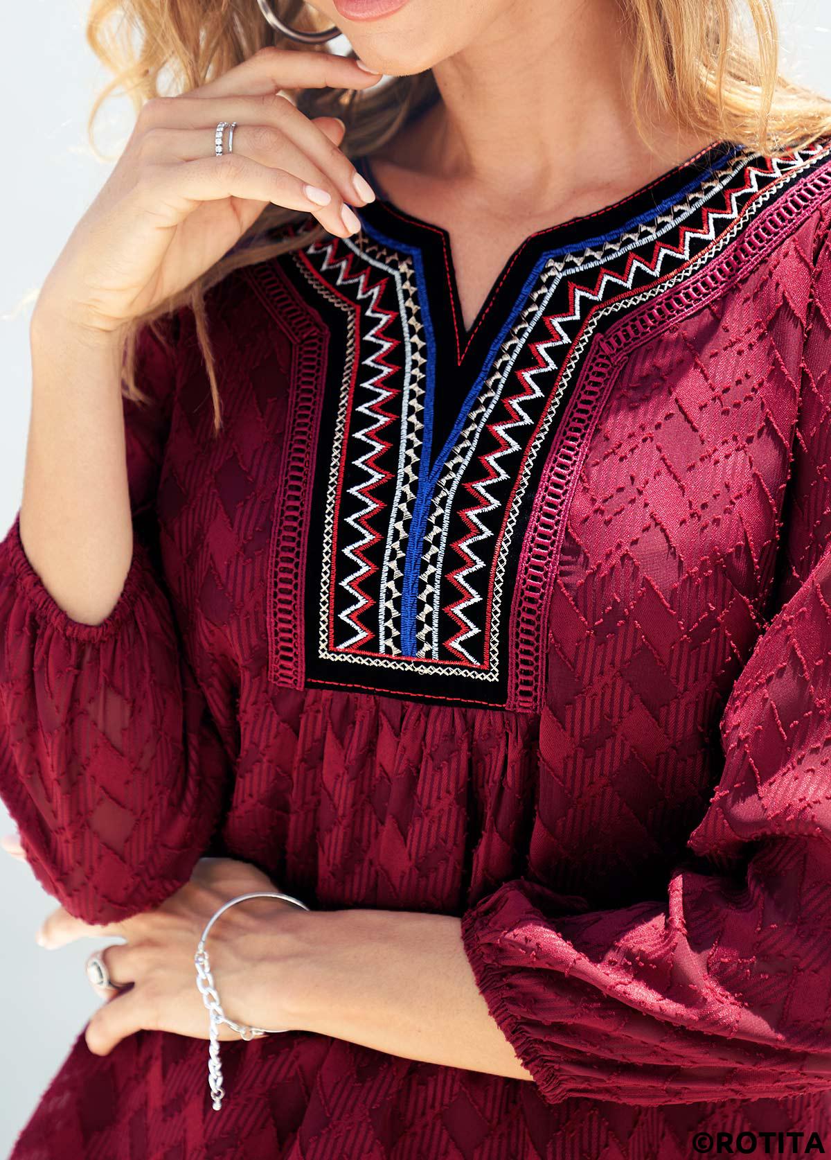 Wine Red tops,Floral tops,ROTITA Textured Fabric Wine Red Split Neck Blouse
