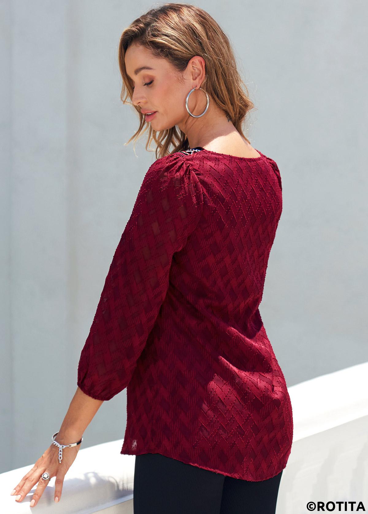 Wine Red tops,Floral tops,ROTITA Textured Fabric Wine Red Split Neck Blouse