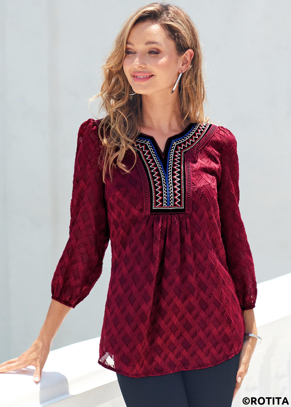 Wine Red tops,Floral tops,ROTITA Textured Fabric Wine Red Split Neck Blouse