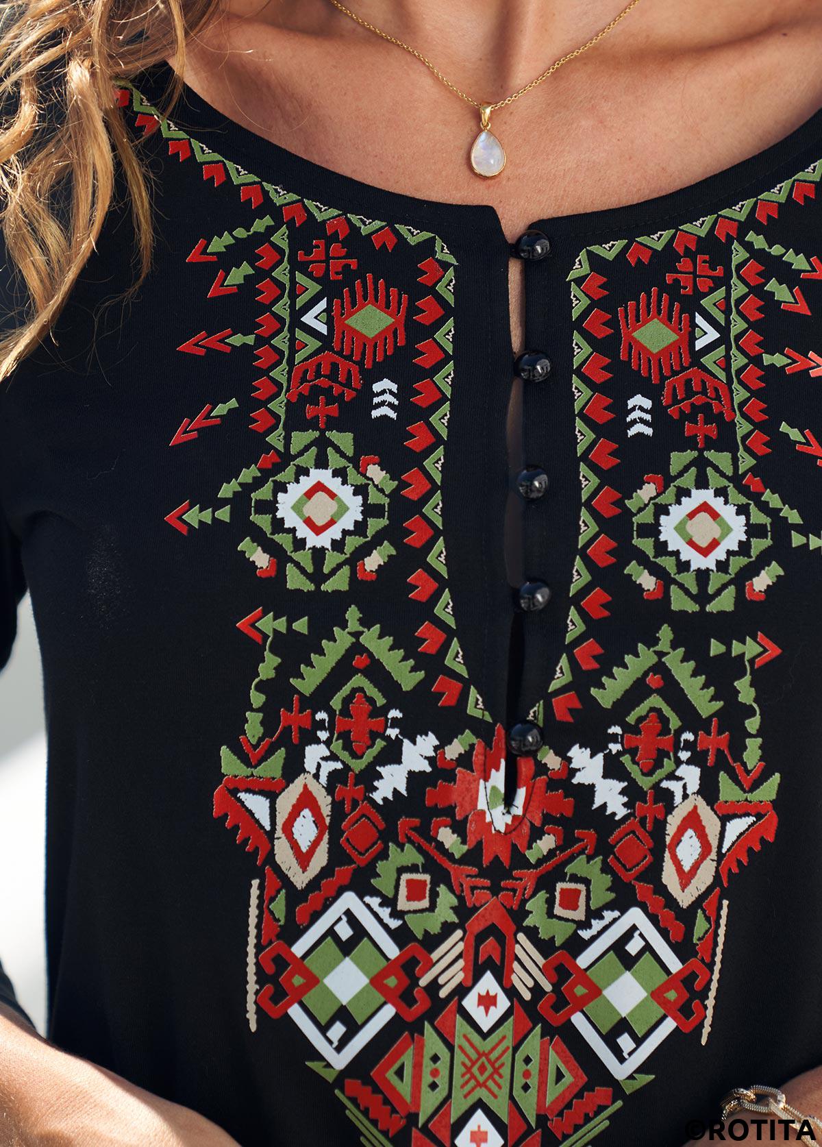 Black tops,Tribal tops,ROTITA Black Tribal Print Asymmetric Hem T Shirt