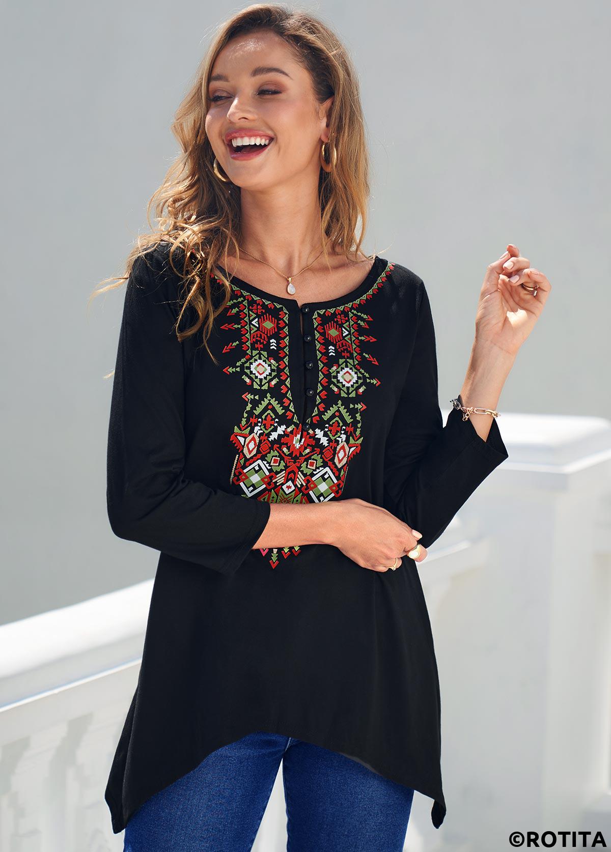 Black tops,Tribal tops,ROTITA Black Tribal Print Asymmetric Hem T Shirt
