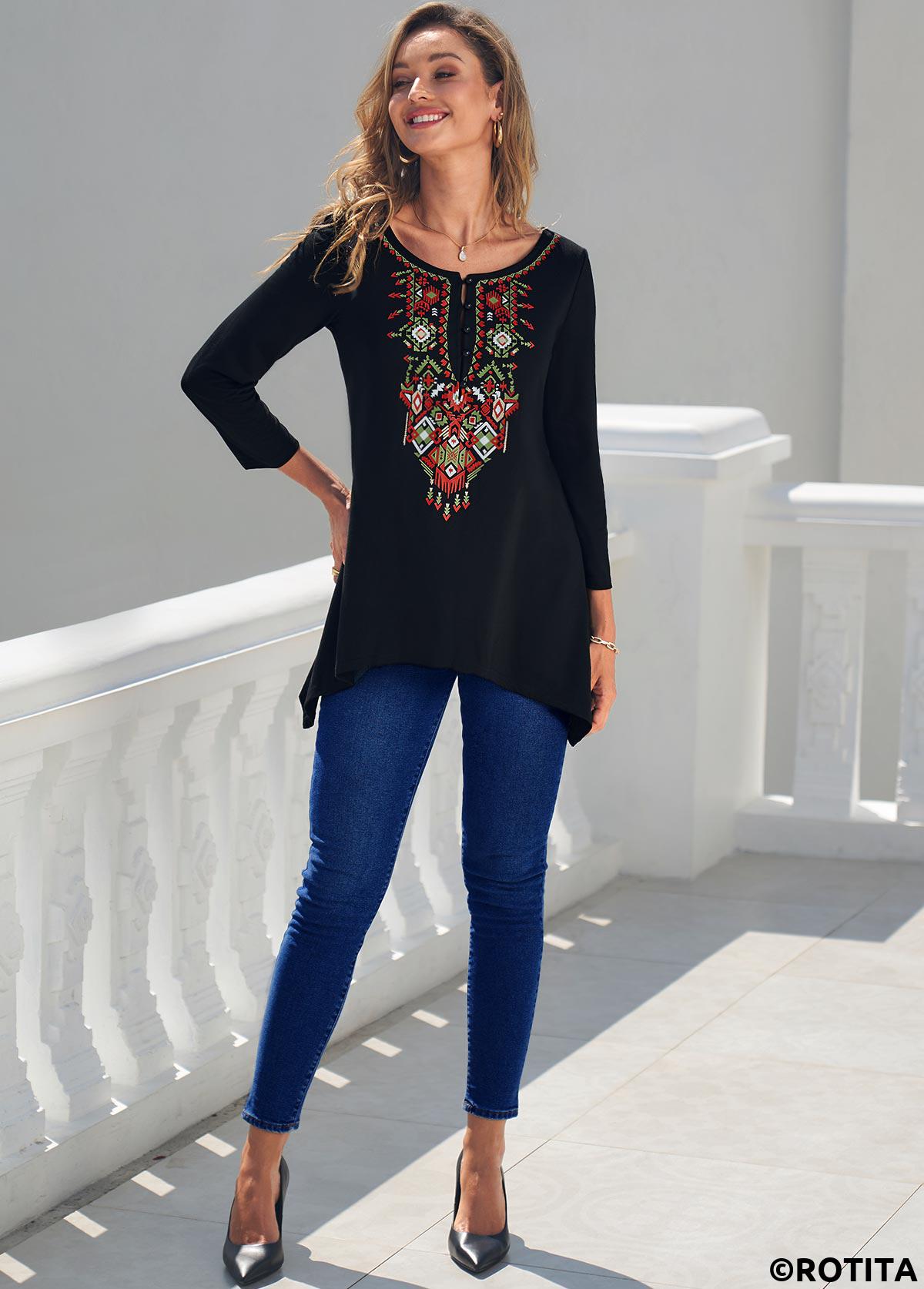 Black tops,Tribal tops,ROTITA Black Tribal Print Asymmetric Hem T Shirt