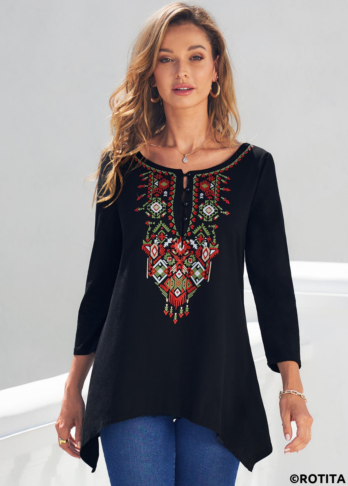 Black tops,Tribal tops,ROTITA Black Tribal Print Asymmetric Hem T Shirt