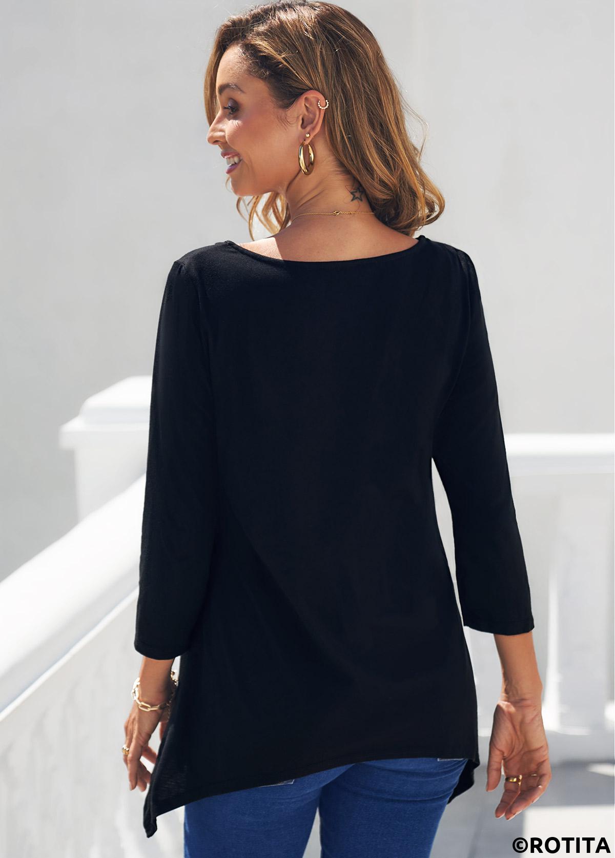 Black tops,Tribal tops,ROTITA Black Tribal Print Asymmetric Hem T Shirt