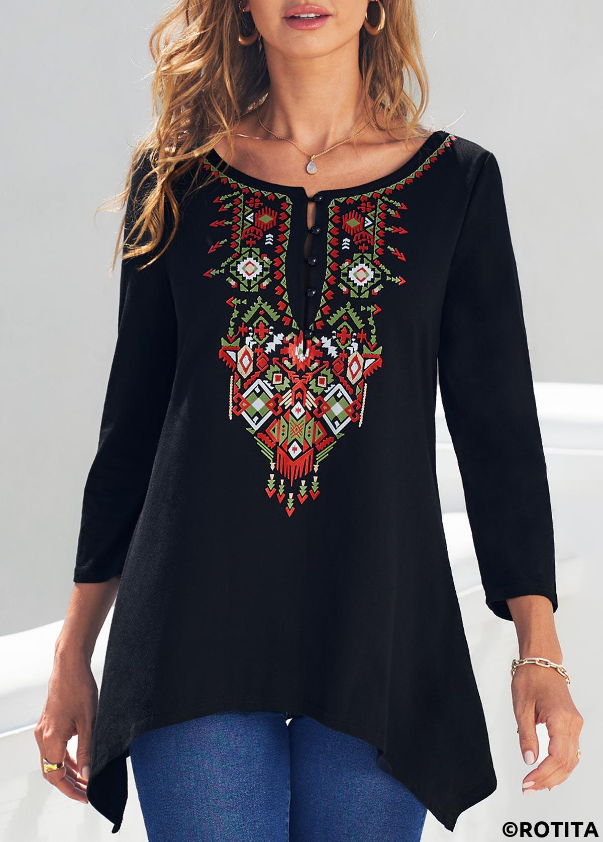 Black tops,Tribal tops,ROTITA Black Tribal Print Asymmetric Hem T Shirt