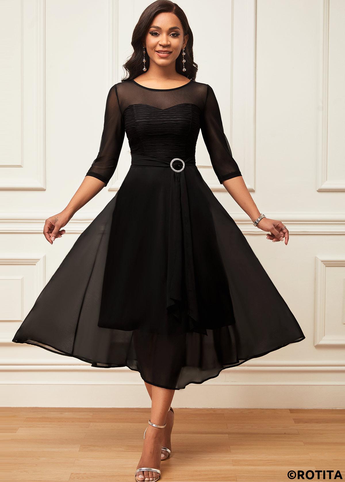 Black dresses,Plain Color dresses,Party dresses,Elegant dresses,ROTITA Chiffon Layered Hem 3/4 Sleeve Black Dress