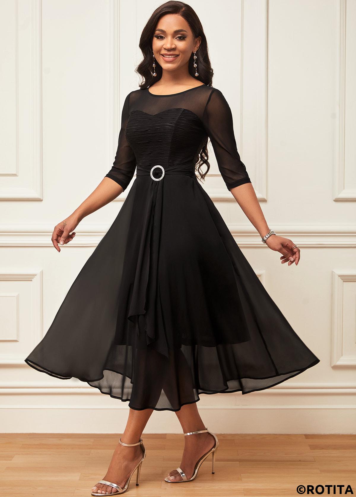 Black dresses,Plain Color dresses,Party dresses,Elegant dresses,ROTITA Chiffon Layered Hem 3/4 Sleeve Black Dress
