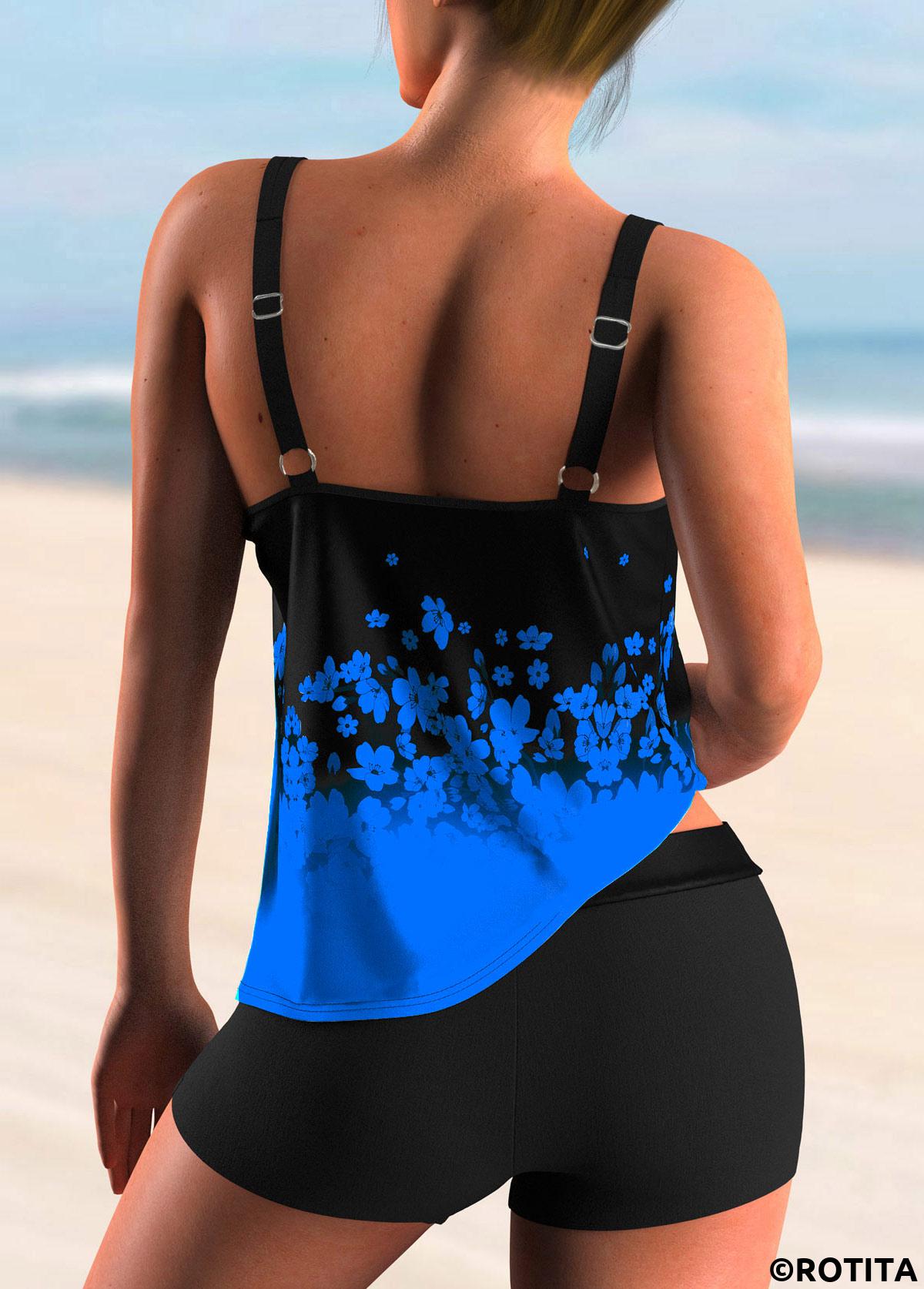 Blue swimwear,Floral swimwear,ROTITA Floral Print Ombre Blue Tankini Top