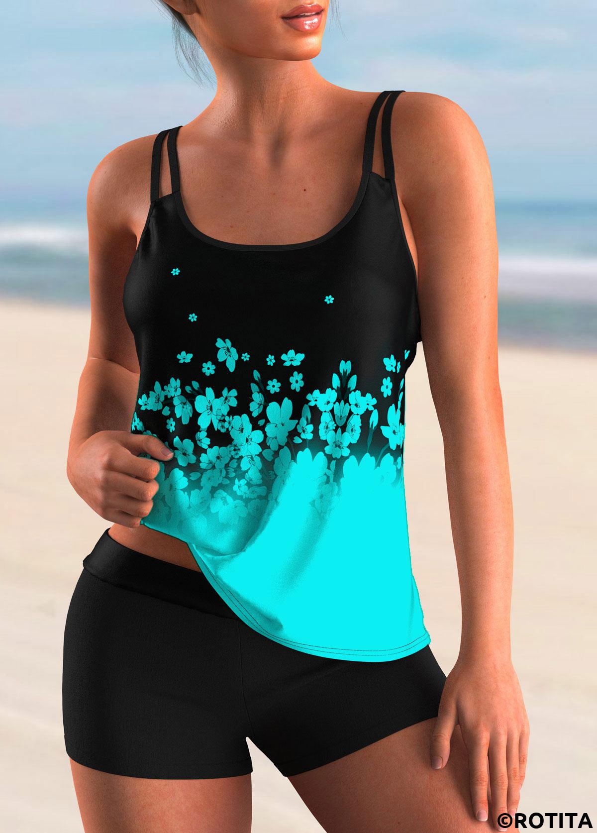 Cyan swimwear,Floral swimwear,ROTITA Ombre Cyan Floral Print Tankini Top