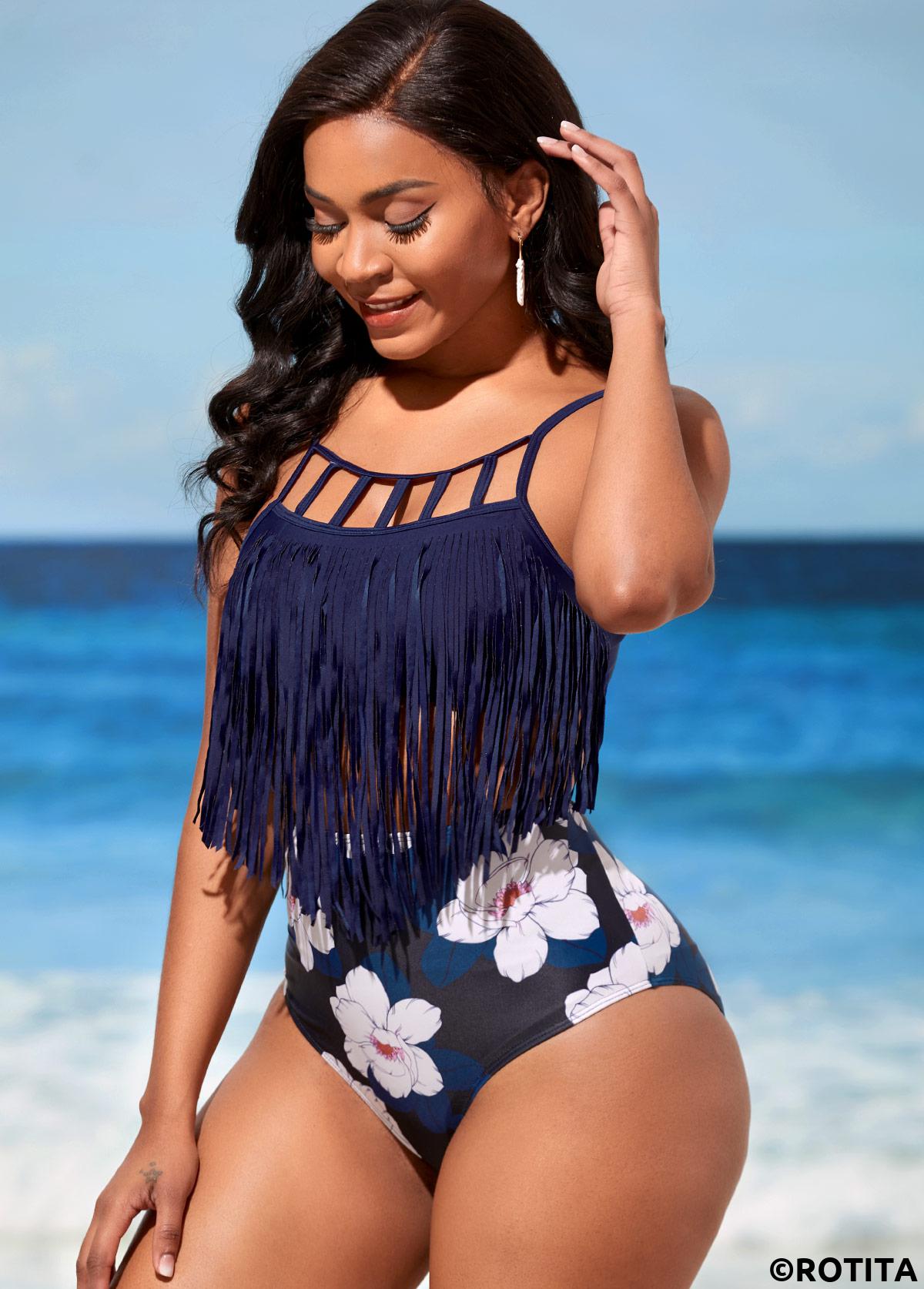 Floral swimwear,ROTITA Tassel Navy Blue High Waisted Bikini Set
