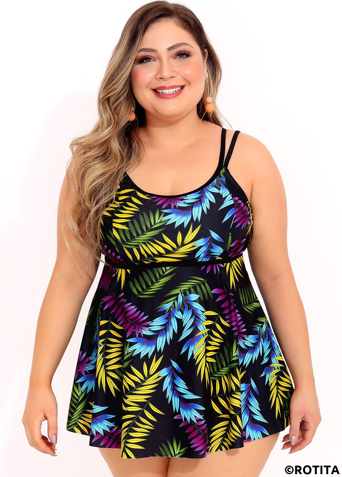 Multi Color plus size,Plants plus size,ROTITA Plus Size Double Straps Leaf Print Swimdress Top