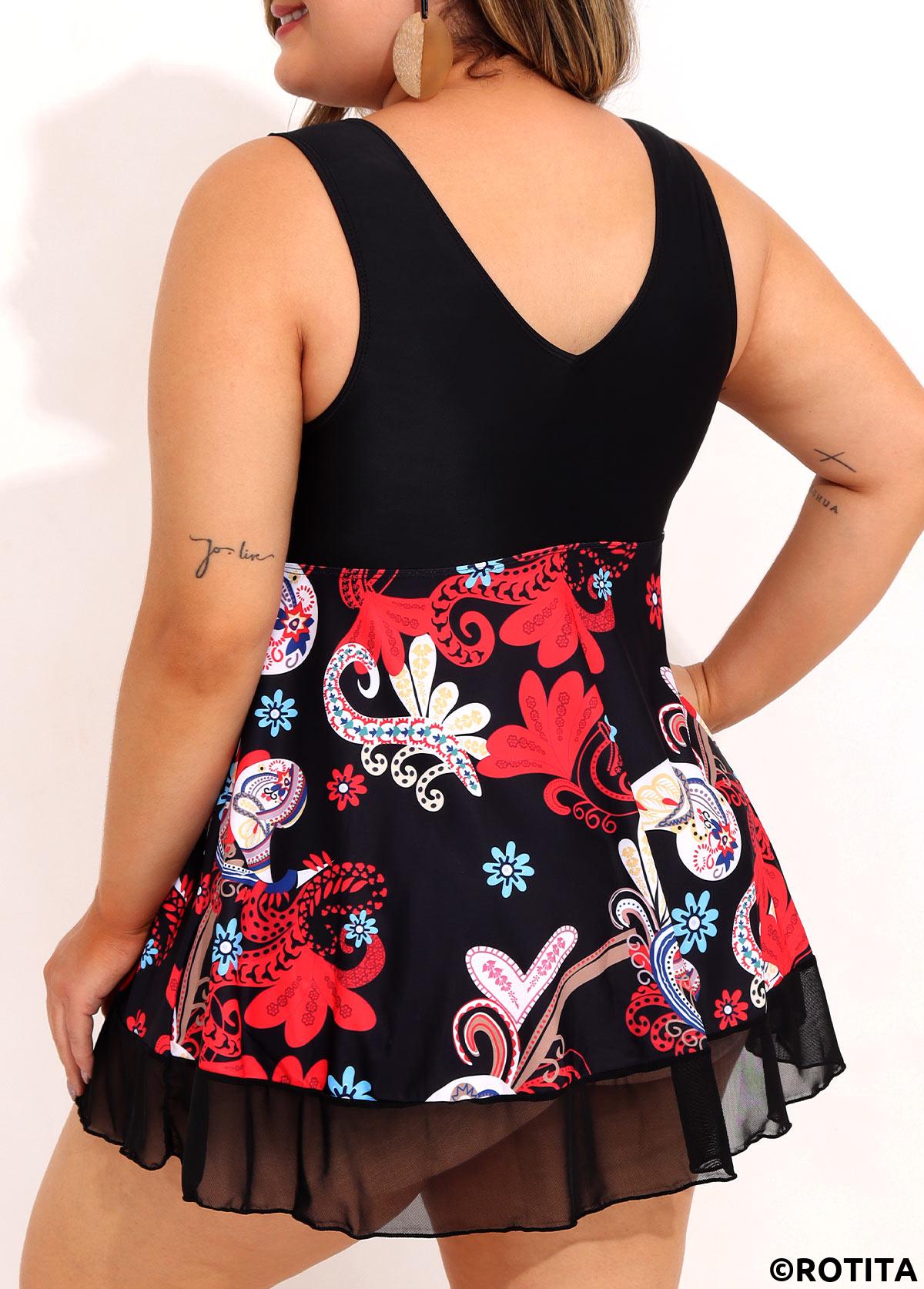 Multi Color plus size,Tribal plus size,ROTITA Tribal Print Mesh Stitching Plus Size Swimdress Top