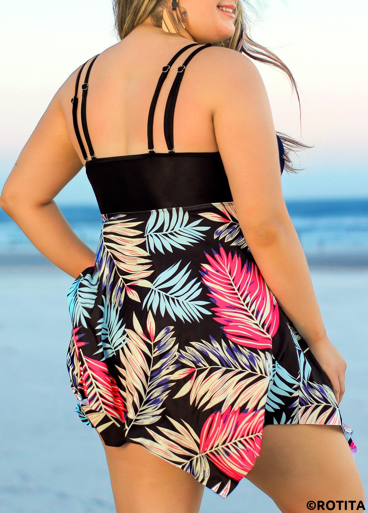 Black plus size,Plants plus size,ROTITA Black Plus Size Tropical Print Swimdress Top